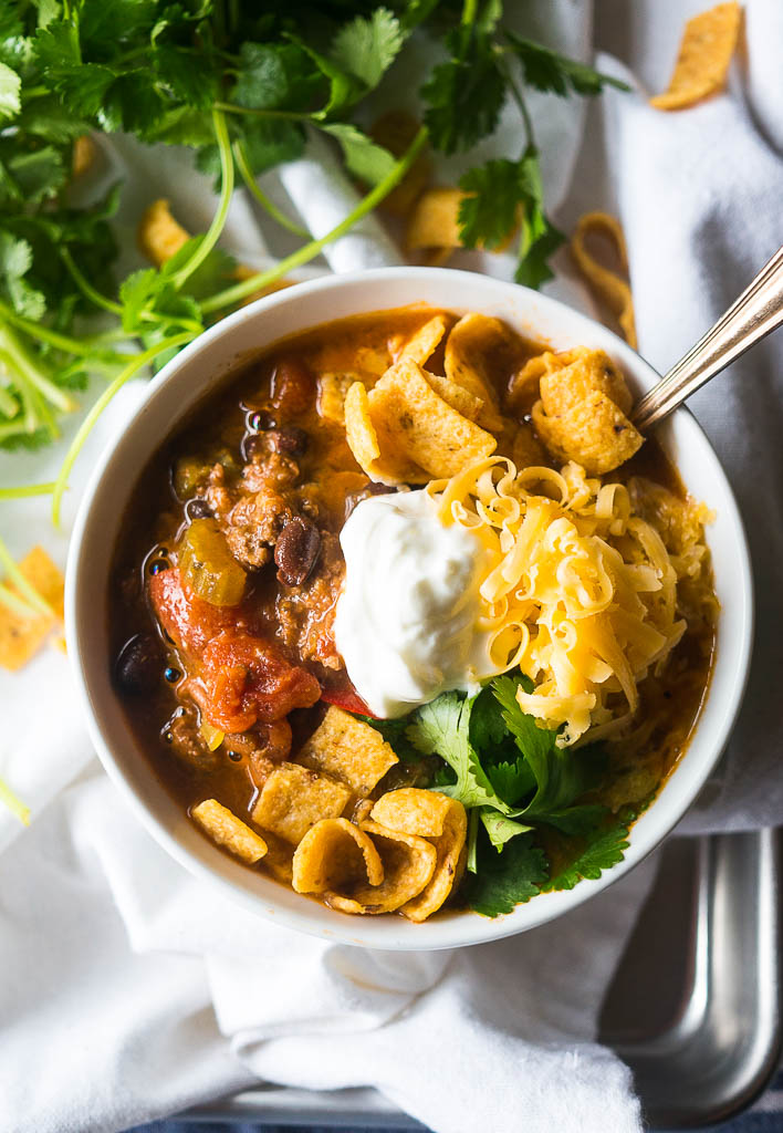 vegetarian chili in a bowl on a white background