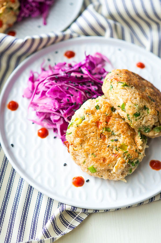 Spicy Loaded Crab Cakes have just the right amount of heat and are sneaky enough to have a serving of vegetables tucked inside too!