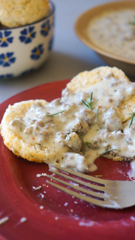 Rosemary Cheddar Biscuits with Thyme Sausage Gravy