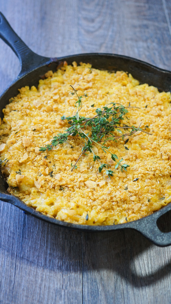 Baked Butternut Mac and Cheese. Lightened up mac and cheese with a crunchy corn chip, parmesan, and thyme top.