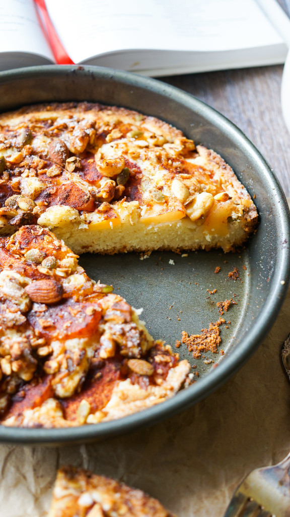 Nutty Plum Kuchen. A delicious buttery cake with fresh plums, nuts, and a cinnamon sugar topping.