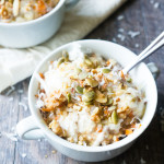 Carrot Cake Steel Cut Oats. Made in the pressure cooker in only 10 minutes, these steel cut oats are drizzled with a cream cheese and greek yogurt "frosting" to spice up your morning breakfast!