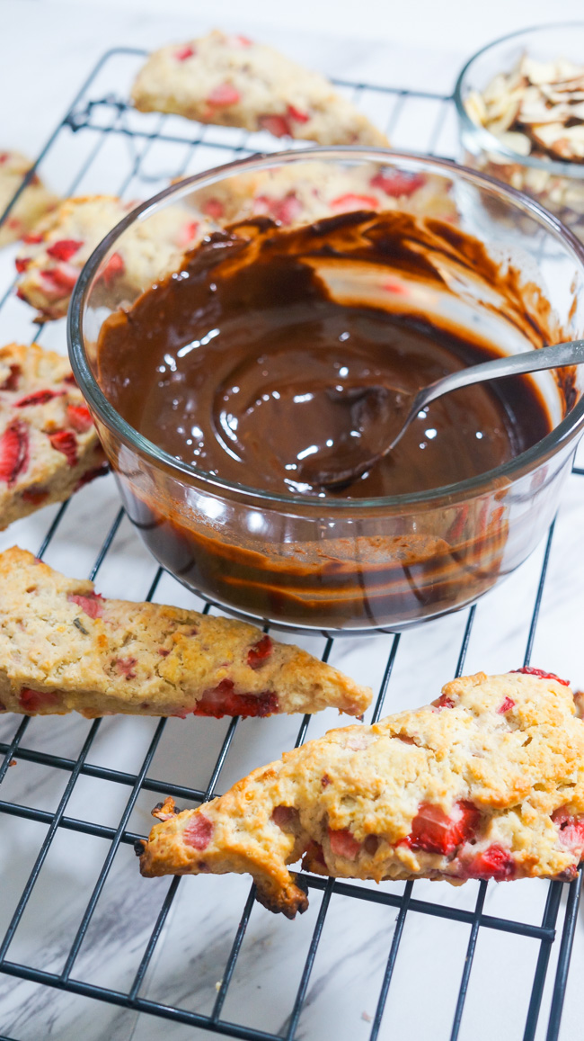 Chocolate Dipped Strawberry Scones. A fun breakfast treat that pairs perfectly with a cup of coffee!