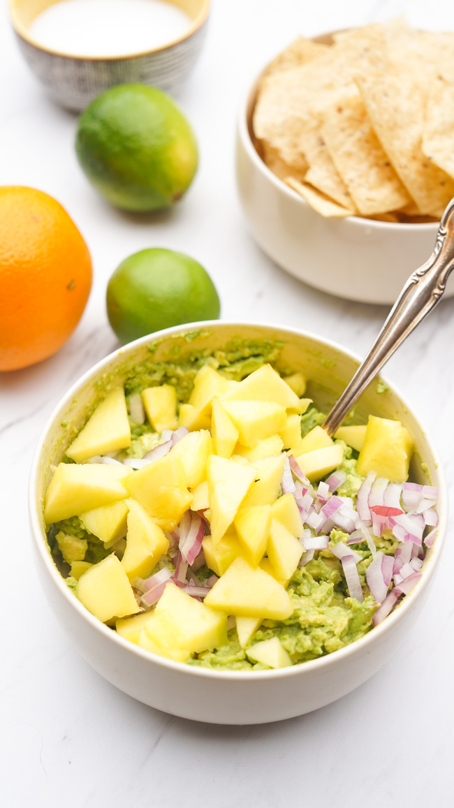 Mango Citrus Guacamole. A twist on traditional guacamole that highlights the sweetness of the mango and the tart citrus juice.