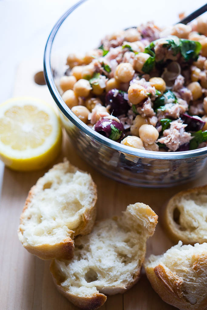 Chickpea Salad with Lemon, Tuna, and Olives. The perfect lunch for 2: a fresh, pantry staple meal that is good on the budget and even better for you!