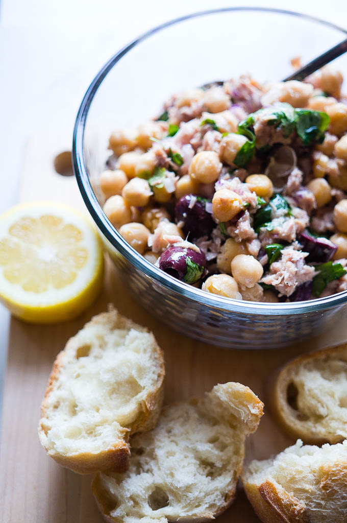Chickpea Salad with Lemon, Tuna, and Olives. The perfect lunch for 2: a fresh, pantry staple meal that is good on the budget and even better for you!