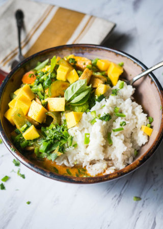 Summertime Mango Chicken Curry with Pressure Cooker Coconut Rice