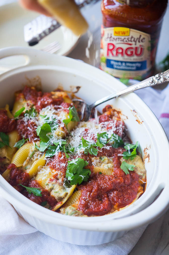 Stuffed Cheesy Pizza Shells. Your favorite pizza ingredients combined with a cheesy ricotta and mozzarella filling, then stuffed into a pasta shell and topped with homestyle Ragu!