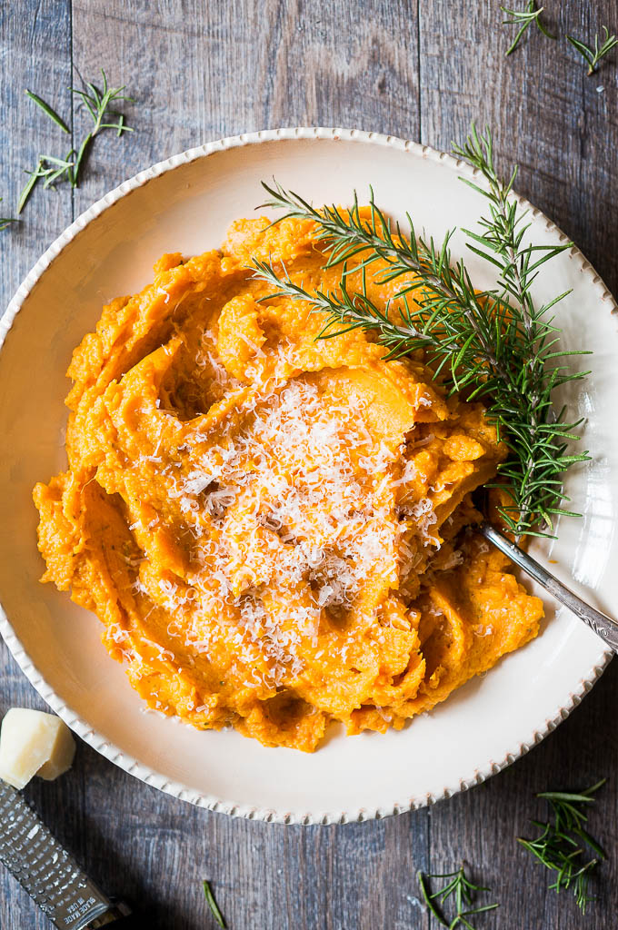 Pressure Cooker Savory Mashed Sweet Potatoes. A creamy, classic Thanksgiving side dish with savory herbs and nutty parmesan cheese.