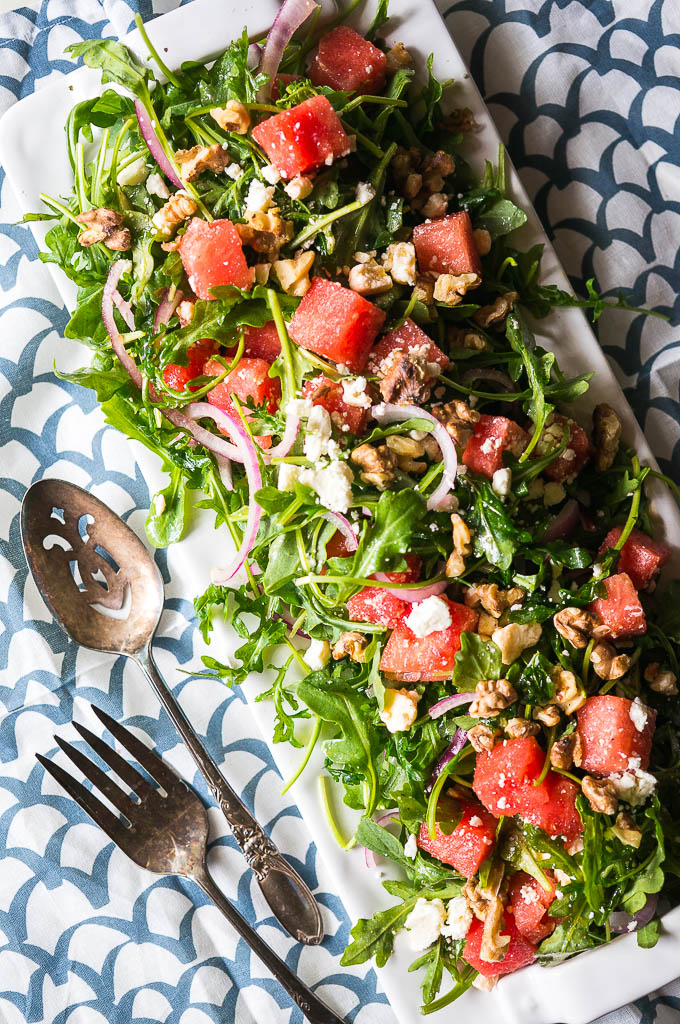 Watermelon Arugula Salad - an explosion of sweet, salty, nutty, and peppery flavor in every bite!