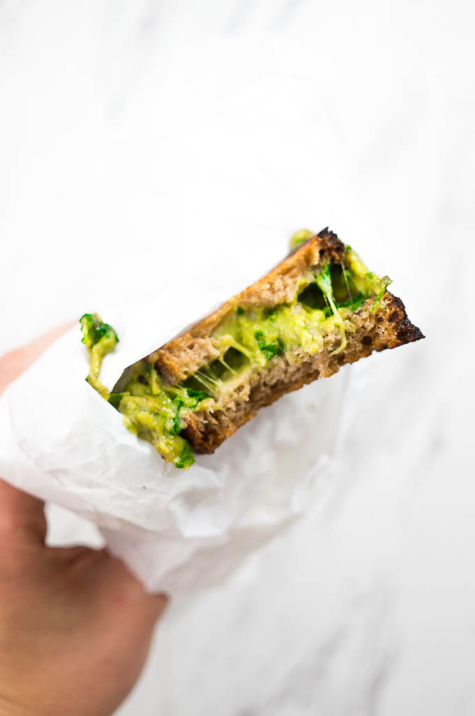 Mean Green Grilled Cheese sandwiches have mashed avocado, basil, two cheeses, and spinach - what more could you need?