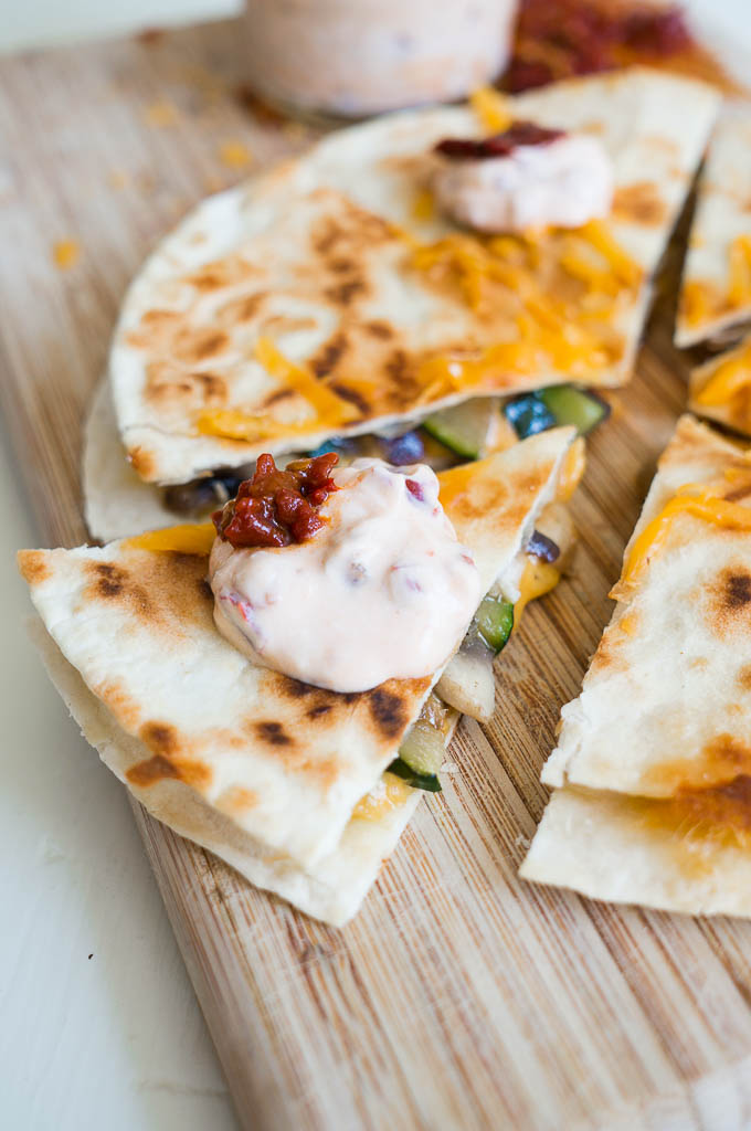 Mushroom and Zucchini Quesadillas with Chipotle Cream - 3 summer veggies topped with cheddar cheese and a two ingredient chipotle cream. Yum!
