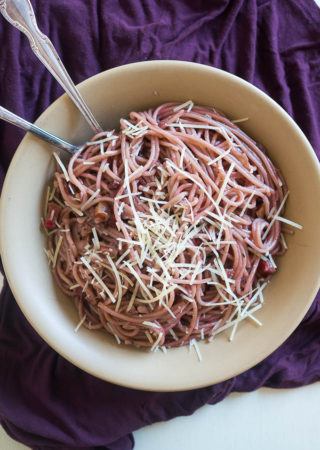 Red Wine Spaghetti with Shallots and Pancetta