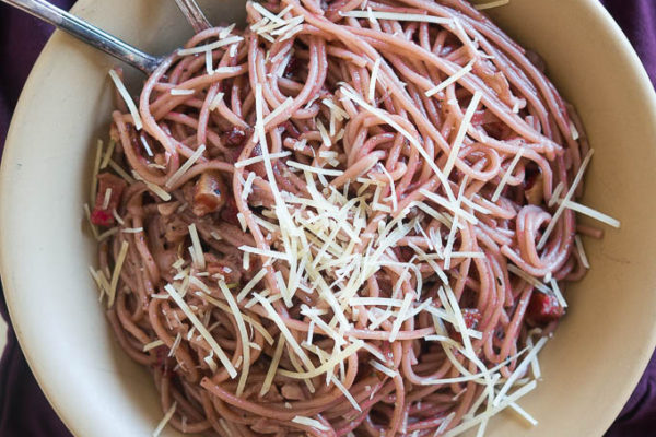 Red Wine Spaghetti with Shallots and Pancetta