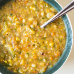Summer Corn and Zucchini Soup. Craving soup but still waiting for Fall to get here? Dairy free and gluten free, this soup full of summer veggies will hit the spot!