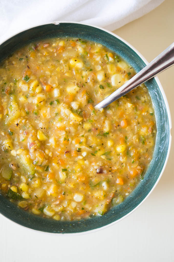 Summer Corn and Zucchini Soup. Craving soup but still waiting for Fall to get here? Dairy free and gluten free, this soup full of summer veggies will hit the spot!
