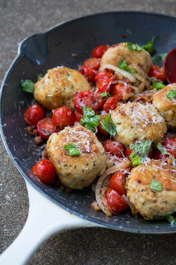 Pressure Cooker Jumbo Chicken Basil Meatballs - so moist, juicy, and combined with the yummiest mix of pancetta, tomatoes, and fresh parmesan!