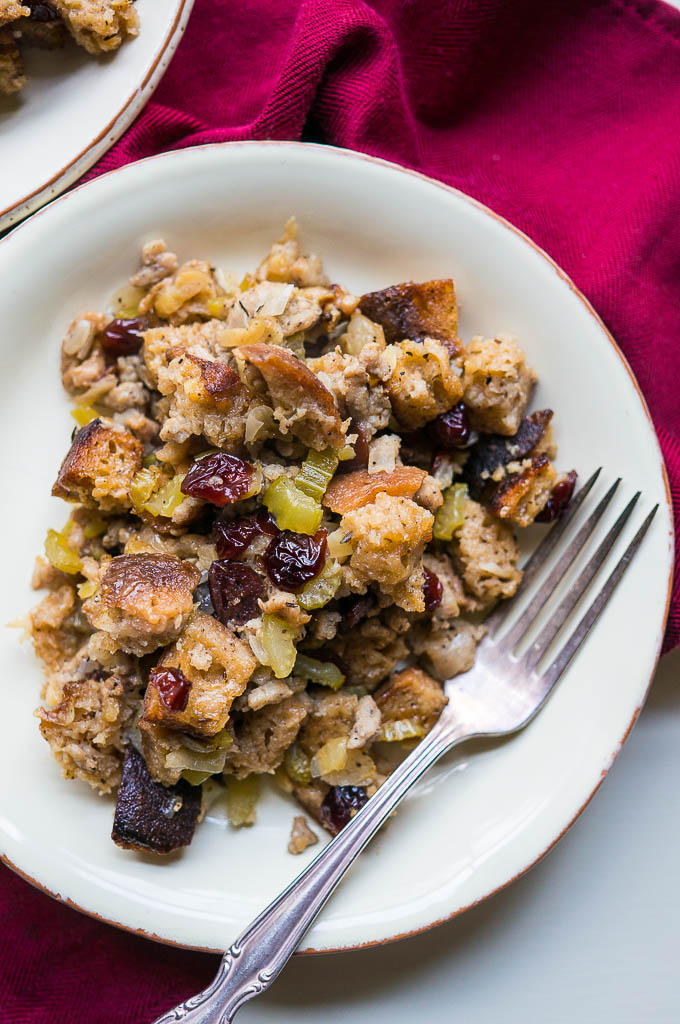 Pressure Cooker Savory Sausage Stuffing is moist, rich, and packed with celery, cranberries, apples, and more!