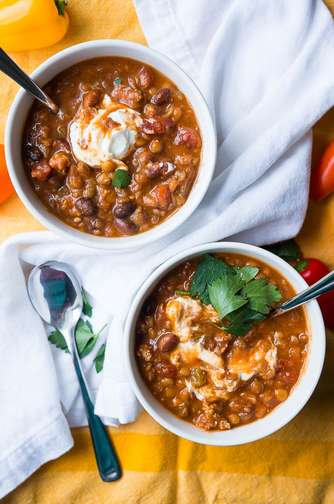 Pressure Cooker Sausage and Lentil Chili is hearty, flavorful, and packed with fiber, protein, and iron!
