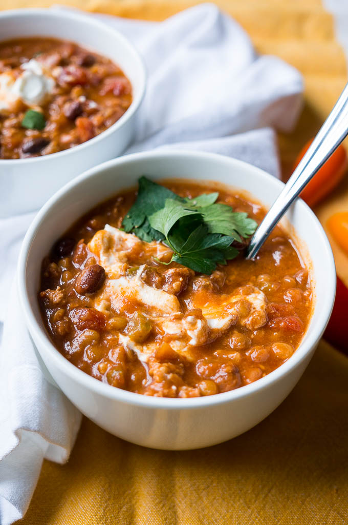 Pressure Cooker Sausage and Lentil Chili is hearty, flavorful, and packed with fiber, protein, and iron!