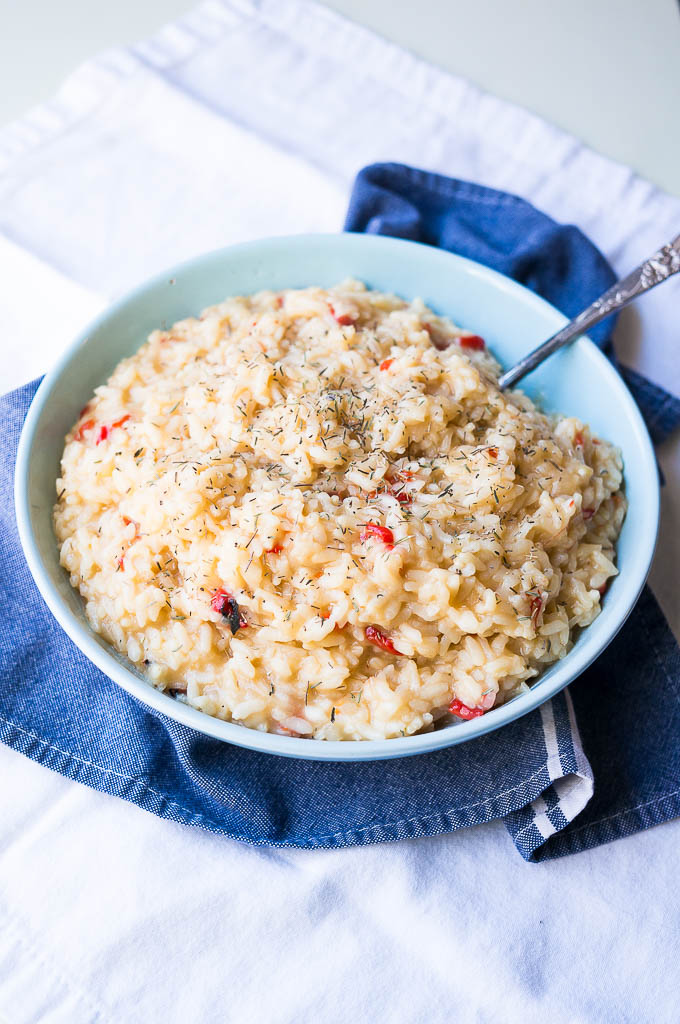 Pressure Cooker Caramelized Onion Risotto is rich, creamy, vegetarian, and cooks in under 10 minutes.