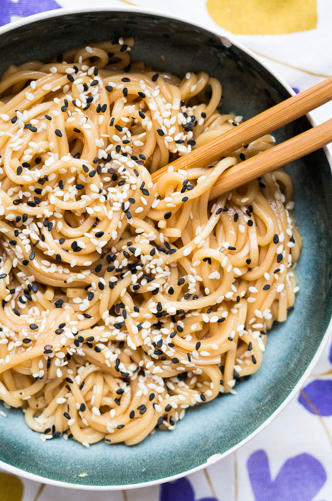 Pressure Cooker Simple Sesame Noodles are basic, sticky, delicious, and perfect for both kiddos and adults!