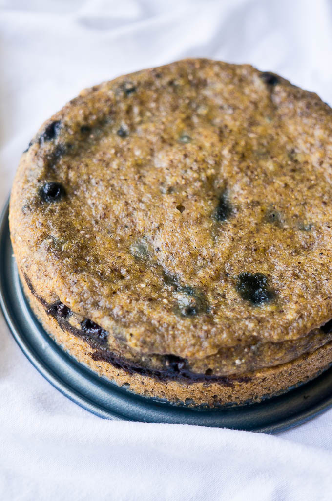 Blueberry Cornmeal Breakfast Cake on a black springform pan and a white background.