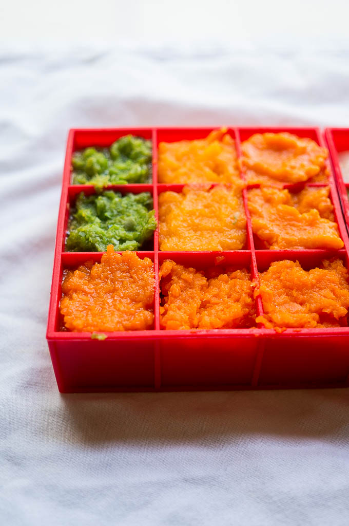 Puree'd baby food in a red silicone freezer tray on a white background.