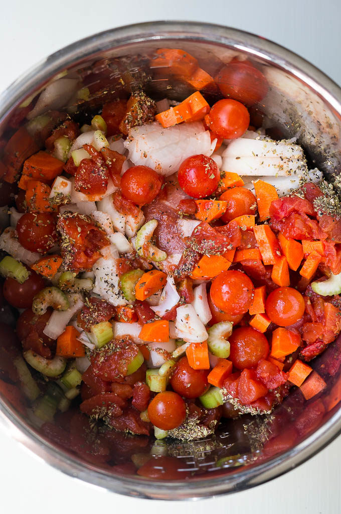 Assorted vegetables in pressure cooker.
