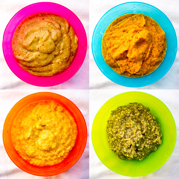 4 colorful dishes with baby food